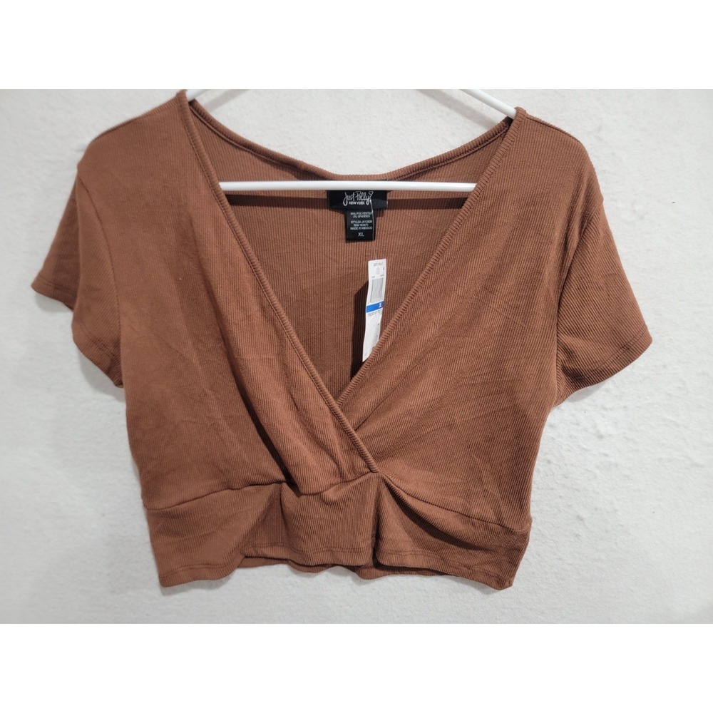 Just Polly Womens XL Cropped Ribbed Knit Shirt Rawhide Brown Surplice V-Neck NWT